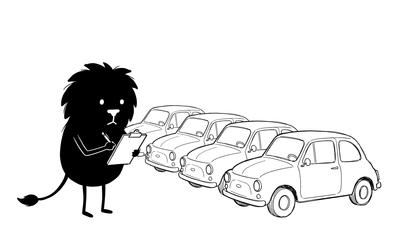 Leo coche sur un bloc-notes une rangée de voitures classiques identiques.