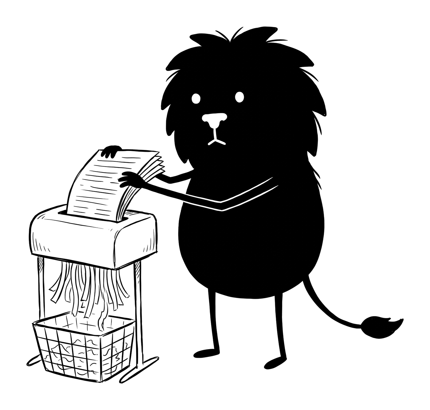 Leo voert een stapel papieren in een kleine papierversnipperaar.